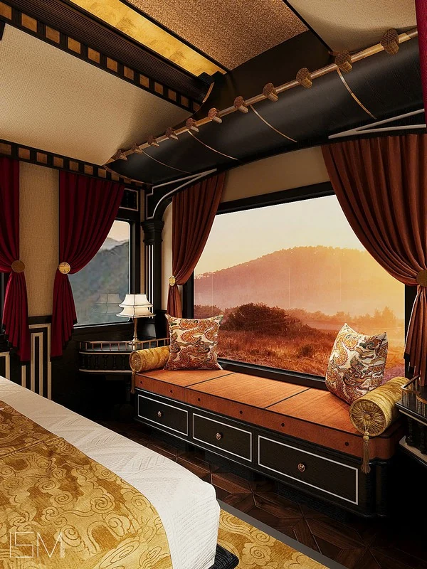 Imperial Suite SJourney Vietnam — banquette panoramique face au coucher de soleil sur le Vietnam