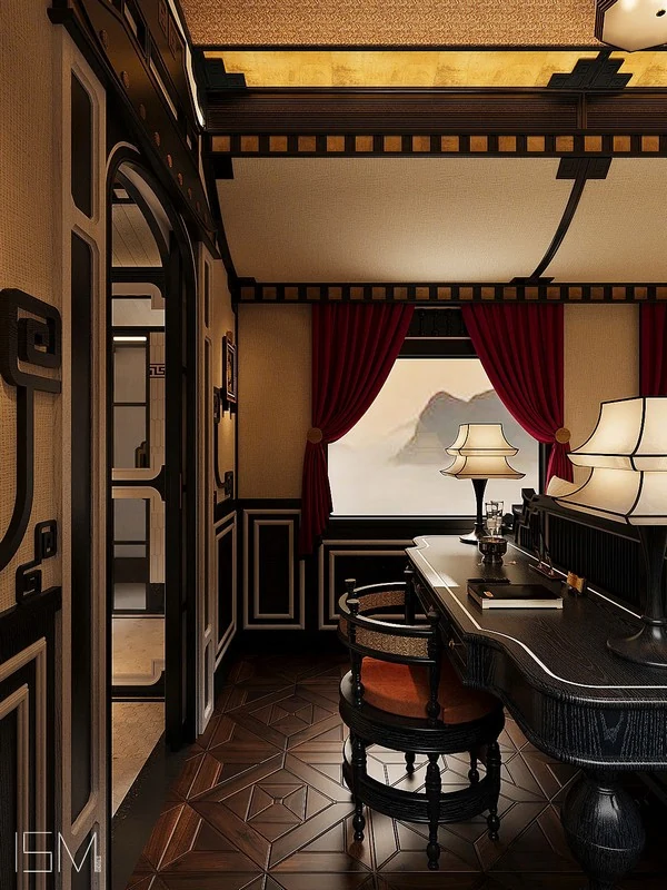 Imperial Suite SJourney — bureau salon avec vue panoramique sur les montagnes du Vietnam