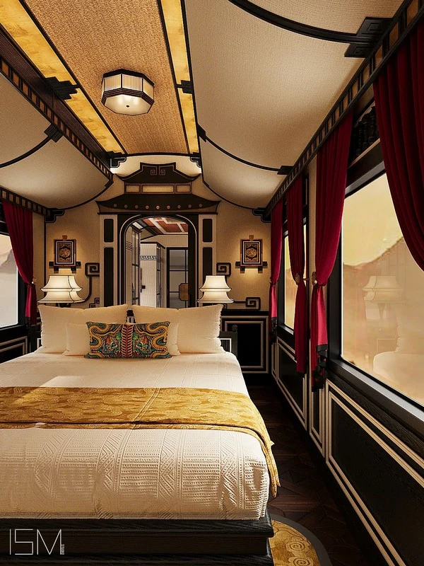 Imperial Suite SJourney Vietnam — chambre avec lit double, rideaux bordeaux, décor architectural Indochine doré