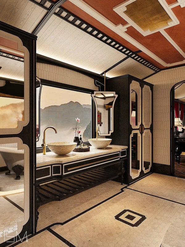 Salle de bain Imperial Suite SJourney — double vasque avec vue sur les montagnes du Vietnam
