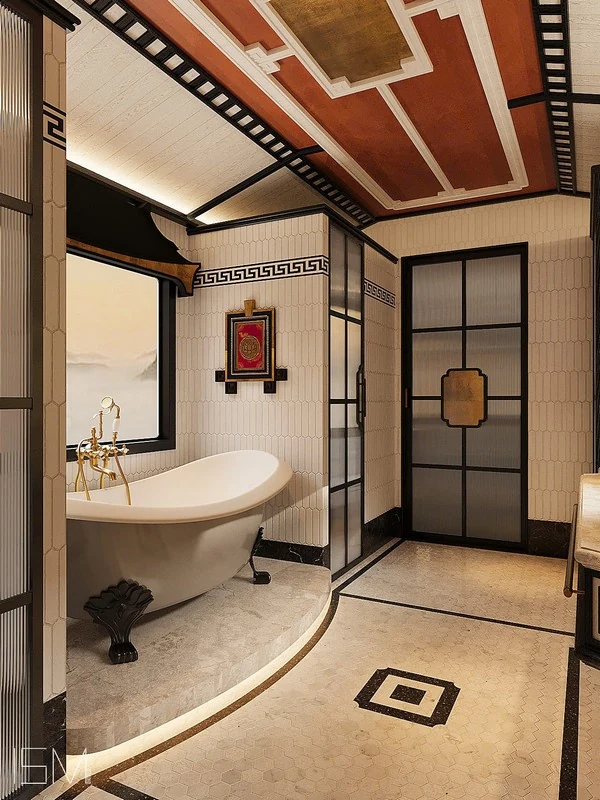 Salle de bain Imperial Suite SJourney Vietnam — baignoire à pieds dorés, carrelage hexagonal, plafond laqué rouge