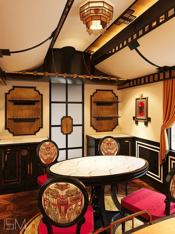 Imperial Suite SJourney Vietnam — salle à manger privée avec table en marbre et chaises brodées