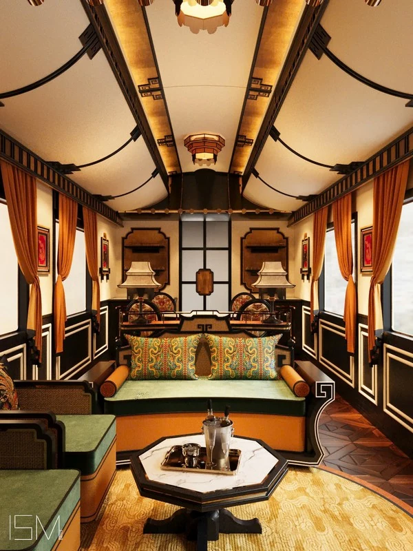 Imperial Suite SJourney Vietnam — salon principal avec sofa Indochine, décor doré et orange, vue sur le paysage vietnamien