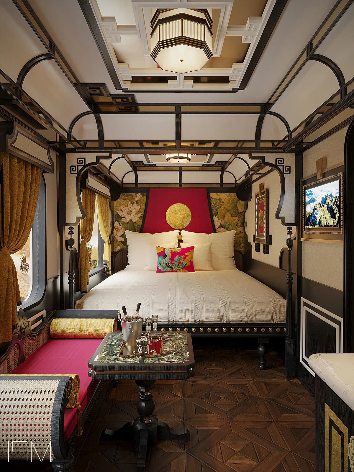Suite SJourney Vietnam — chambre avec lit baldaquin, tête de lit fleurs de lotus et champagne