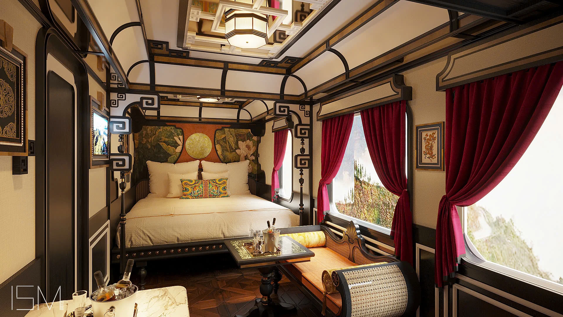 Suite SJourney — chambre lit double, rideaux bordeaux, peinture lotus