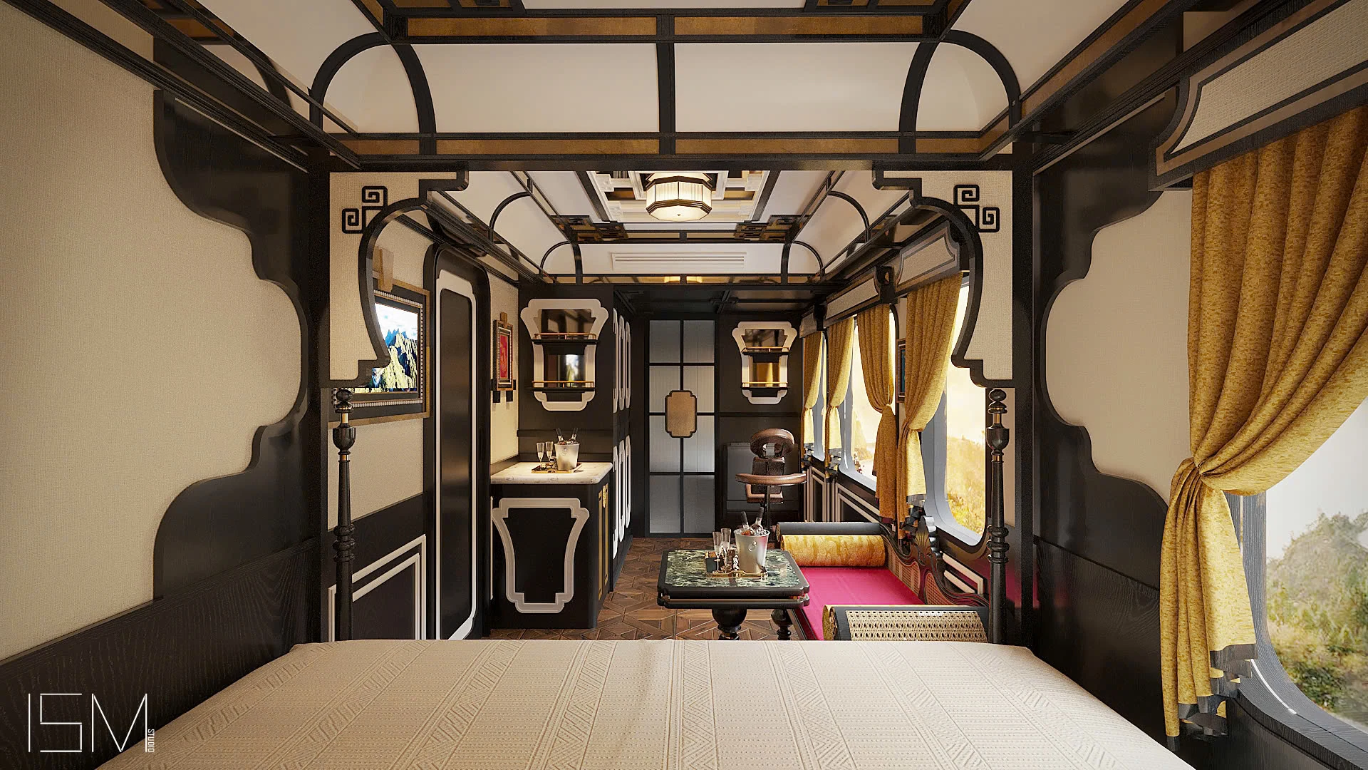 Suite SJourney — vue depuis le lit vers le salon et les fenêtres