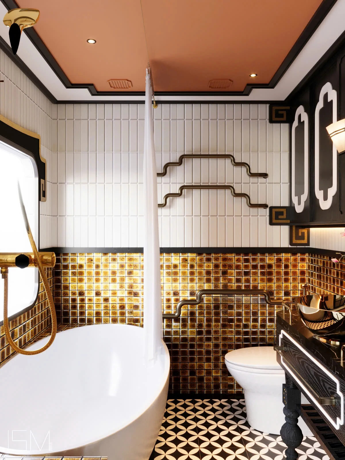 Suite SJourney Vietnam — salle de bain avec baignoire et carrelage mosaïque doré