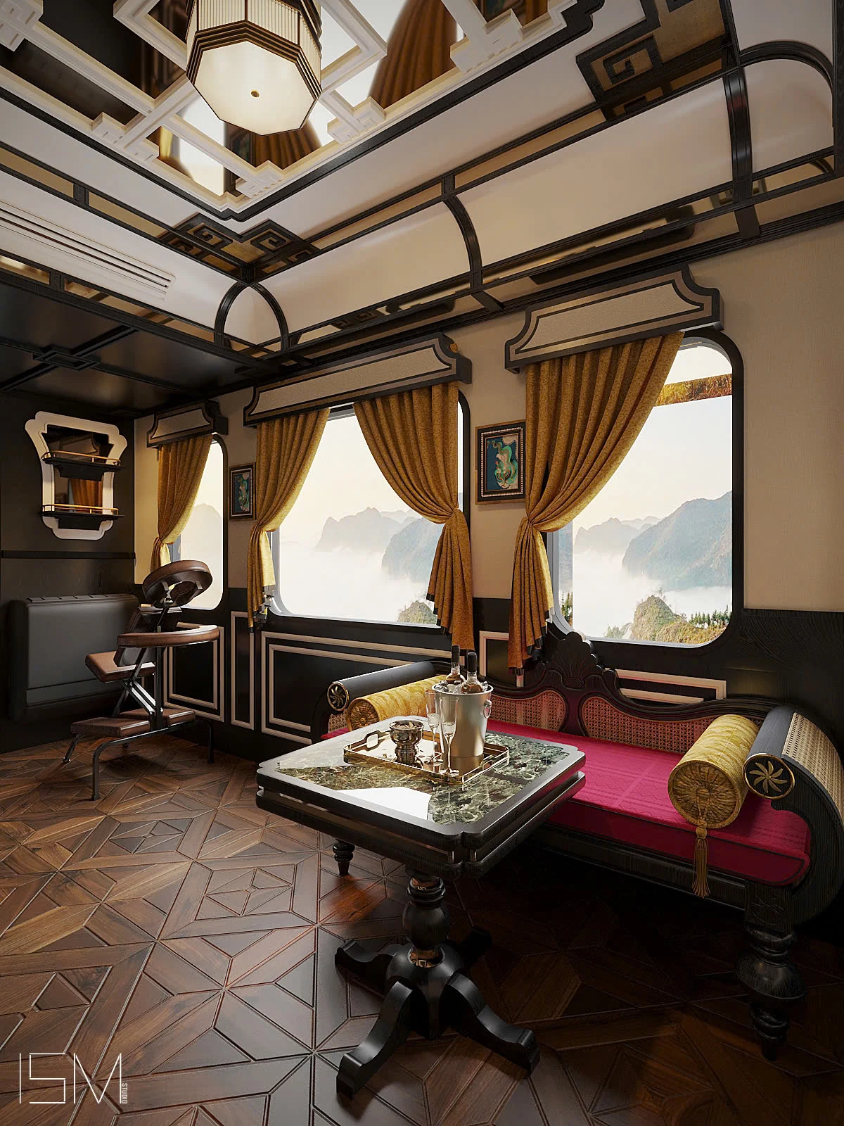 Suite SJourney Vietnam — salon avec baie vitrée panoramique, montagnes dans la brume