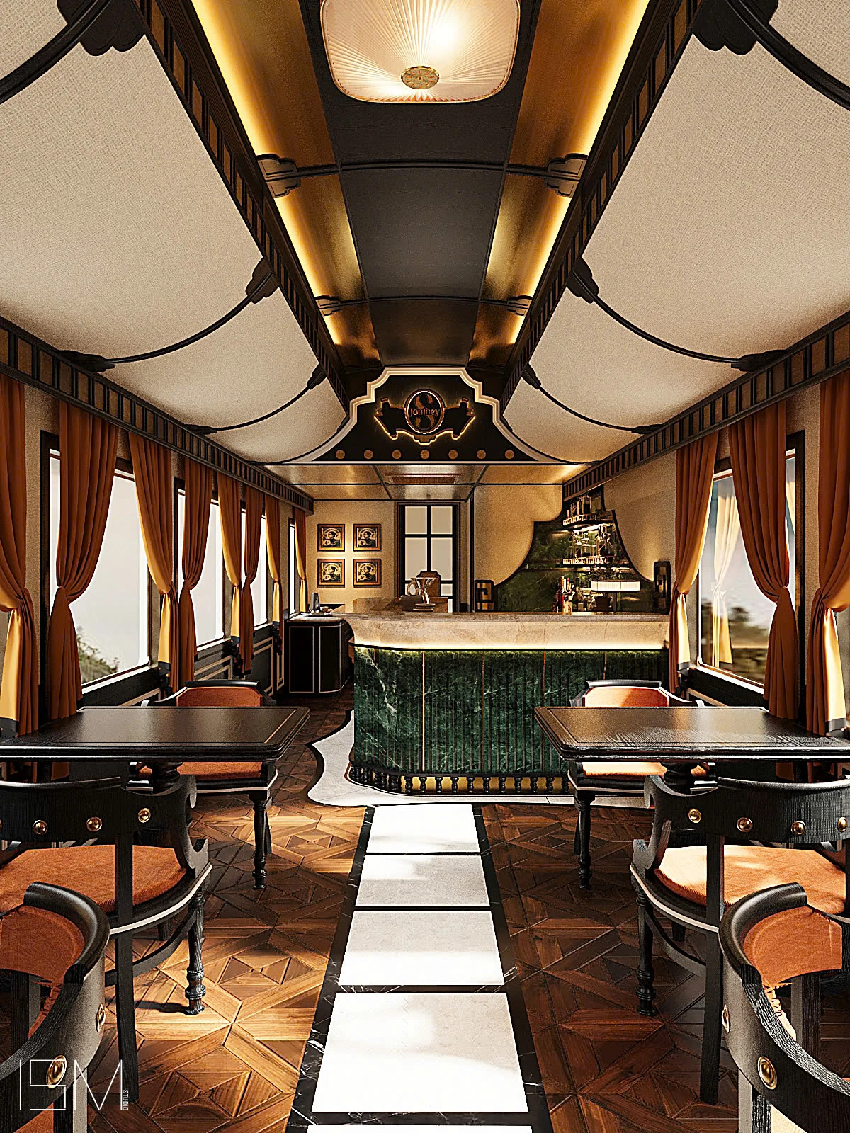 Wagon-restaurant Premium SJourney Vietnam — vue d'ensemble depuis l'entrée, bar central