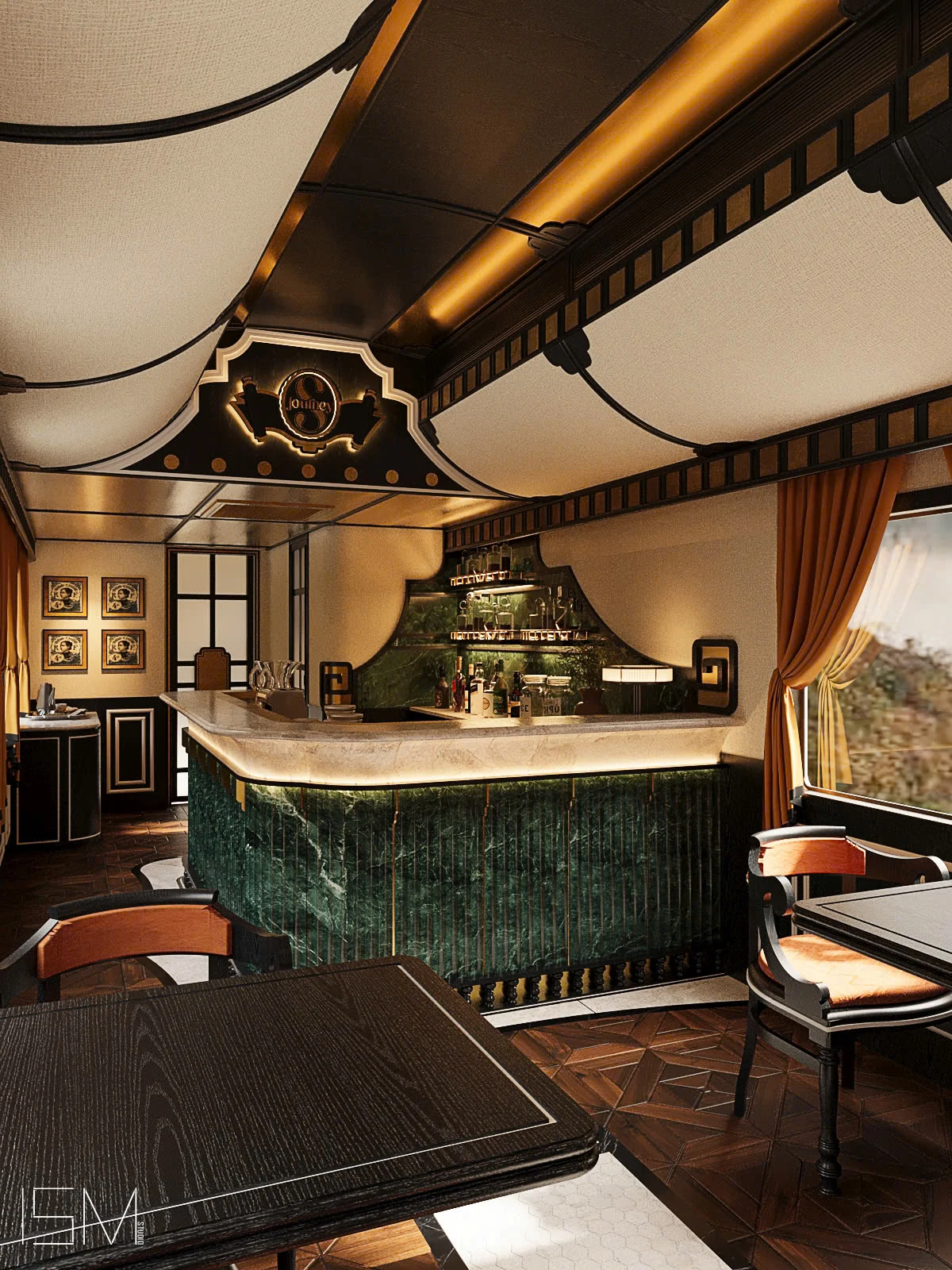 Wagon-restaurant Premium SJourney — bar en marbre vert avec logo SJourney illuminé