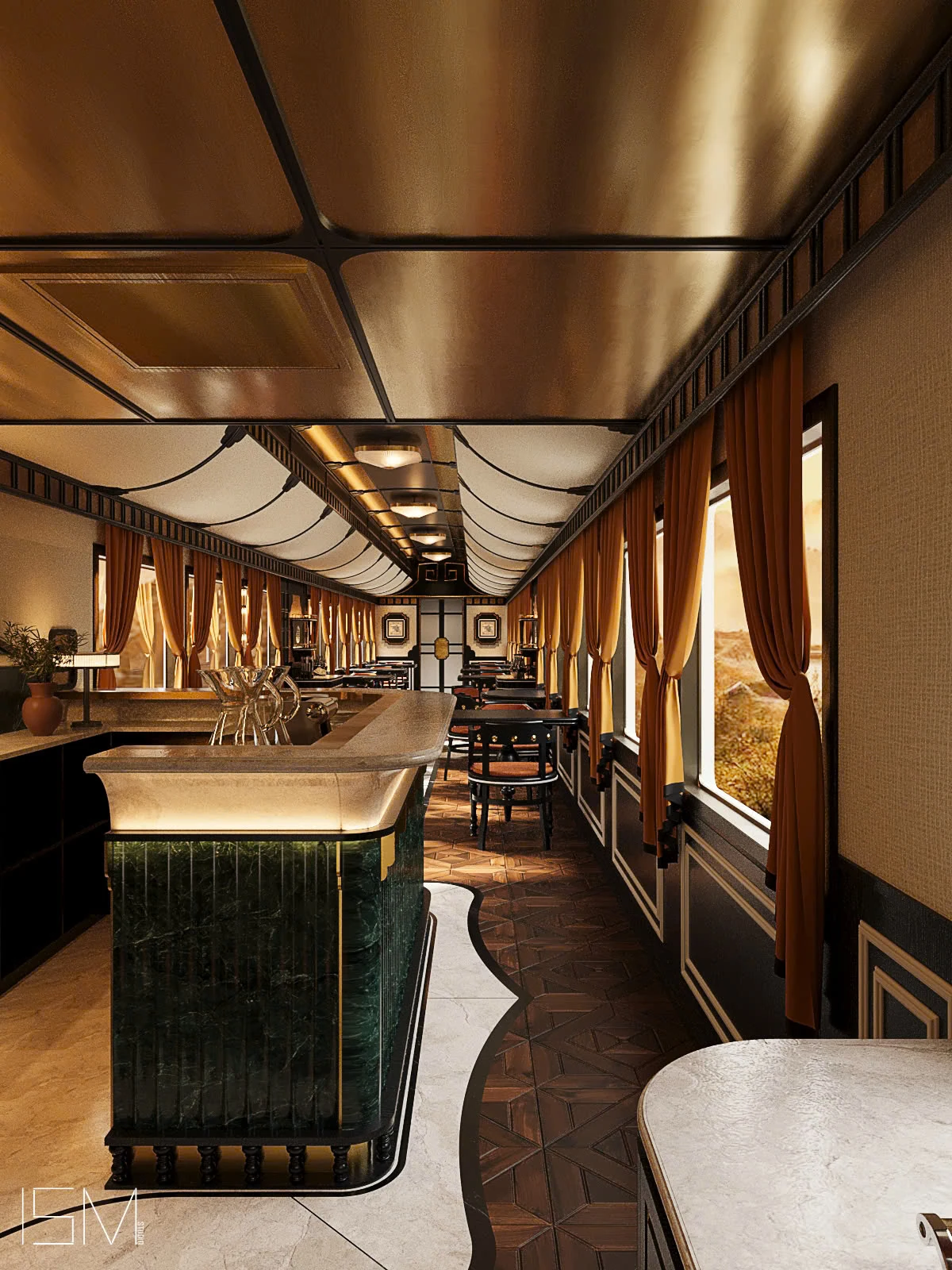 Wagon-restaurant Premium SJourney — bar marbre vert, vue longueur wagon avec tables