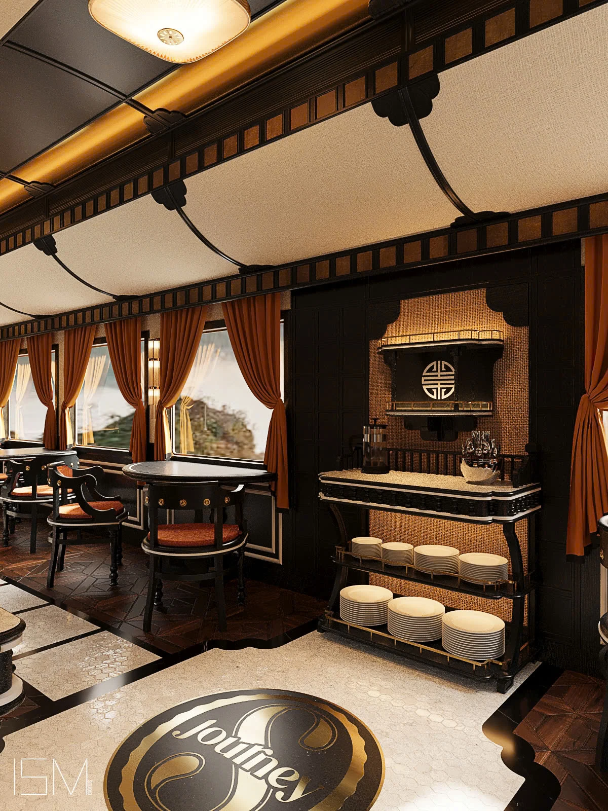 Wagon-restaurant Premium SJourney — vue avec logo SJourney au sol et buffet