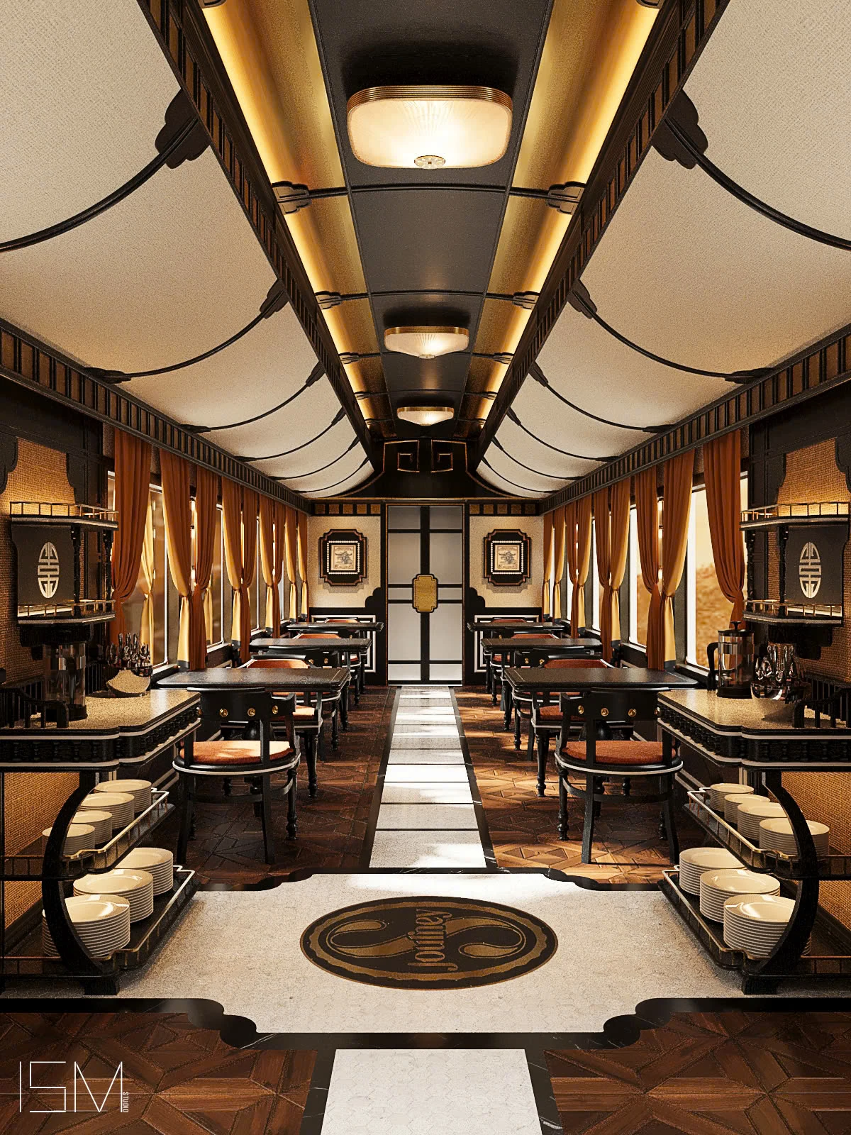 Wagon-restaurant Premium SJourney Vietnam — vue frontale salle complète avec logo SJourney au sol