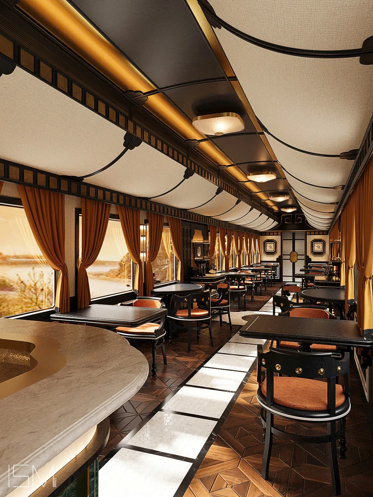 Wagon-restaurant Premium SJourney — salle avec tables et rideaux ocre dorés