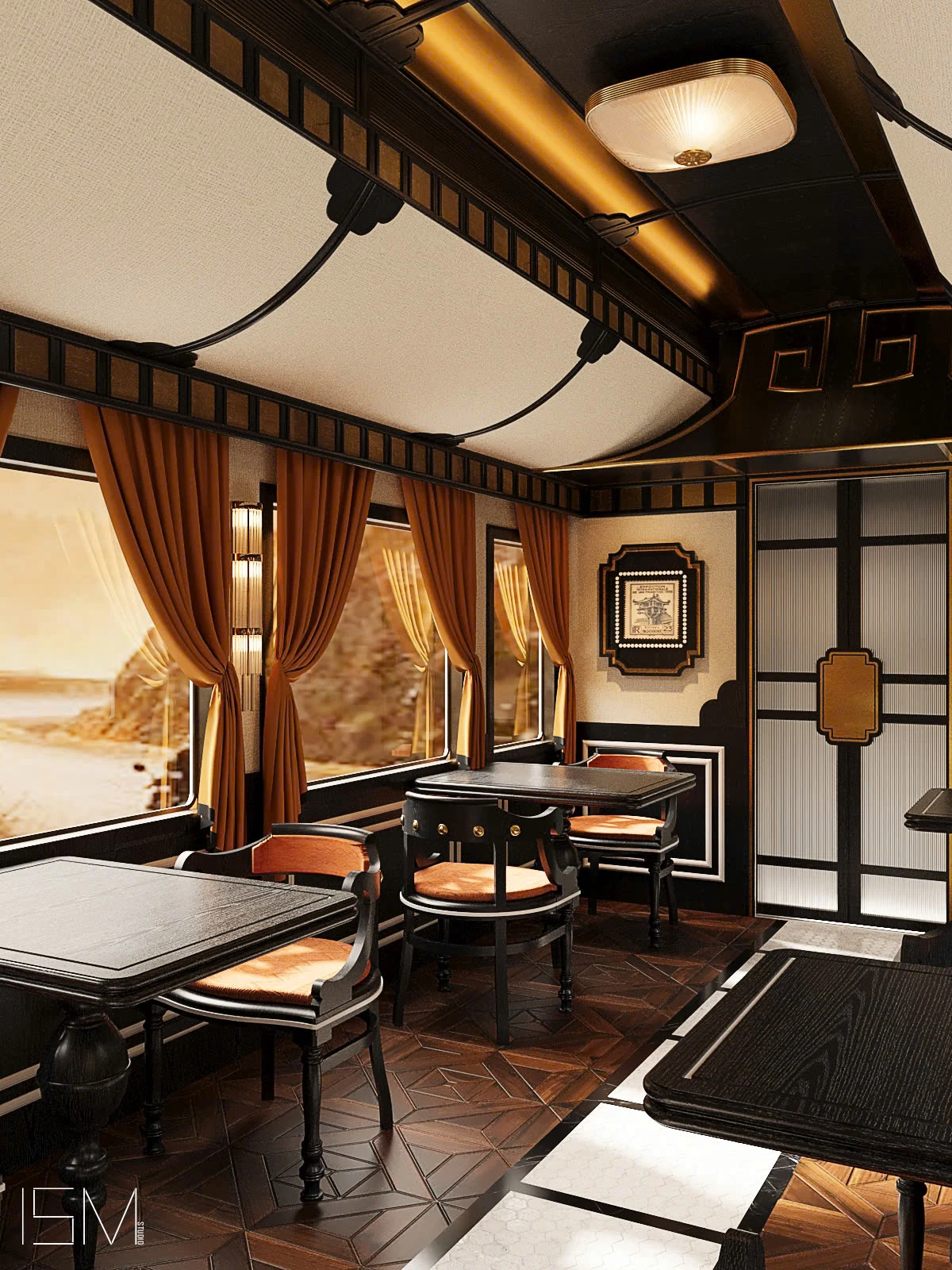 Wagon-restaurant Premium SJourney — tables côté fenêtres panoramiques, lumière dorée